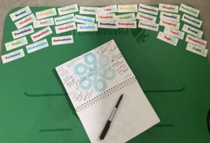 notebook_with_handwritten_notes_and_black_pen_on_green_mat_with_colourful_emotion_cards_arranged