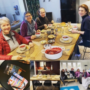 group_of_people_sharing_meal_at_table_with_soup_and_bread_collage_showing_retreat_activities_with_food_and_conversation