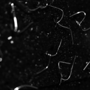 Black and white close-up of thin, bent wire fragments scattered across a dark, sparkling surface.